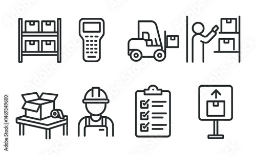 Warehouse and logistics outline icons set – linear, storage and supply chain symbols