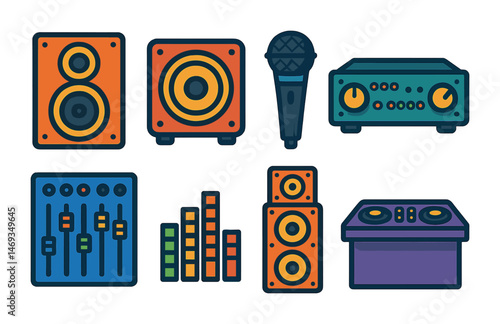 Music and audio equipment icons set – flat, filled, sound and dj tools