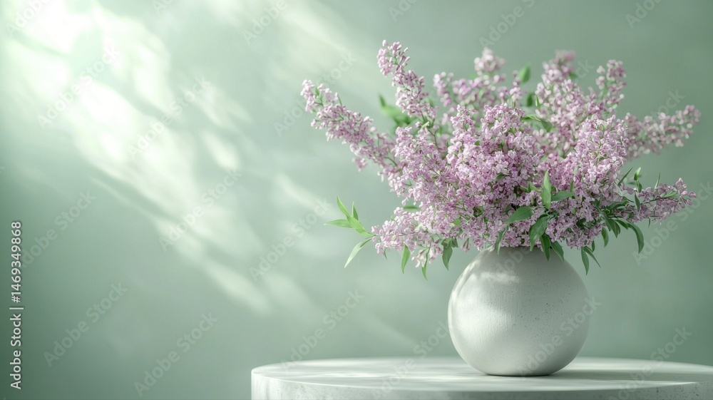 Obraz premium Pastel Lilac Flowers in Vase with Sunlight and Shadows lilac flowers vase sunlight shadows bouquet