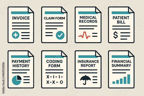 Medical and billing solid icons set – flat, filled, healthcare record symbols