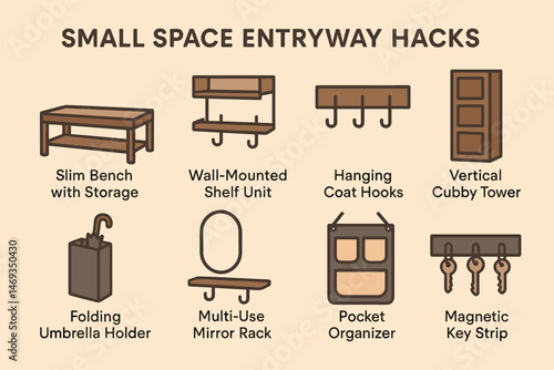 Small space entryway solid icons set – filled, home organizing and storage solutions