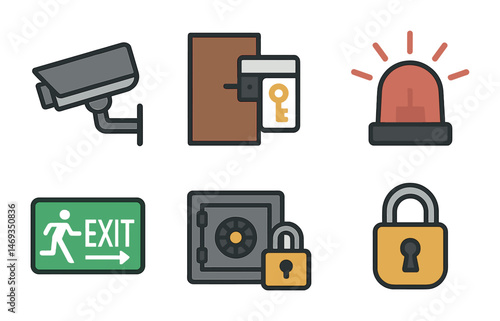 Security and surveillance icons set – solid, flat, safety and protection symbols
