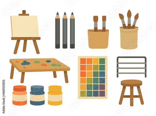 Art studio flat icons set – creative, painting, workshop tools collection