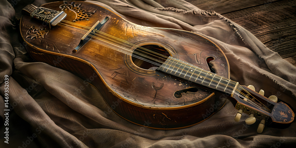 Obraz premium Intricately Designed Vintage Guitar Resting on Soft Fabric
