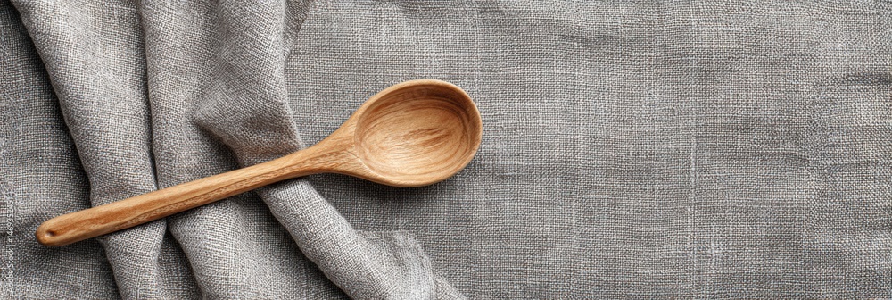 Wooden Spoon Rests on a Textured Linen Kitchen Towel Creating a Cozy Cooking Atmosphere in a Well-Organized Kitchen Space Generative AI