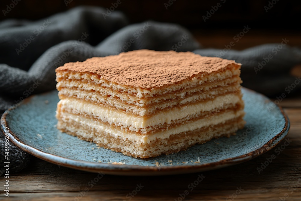 Close up of a square slice of layered cake. Close up of a square slice of layered cake.