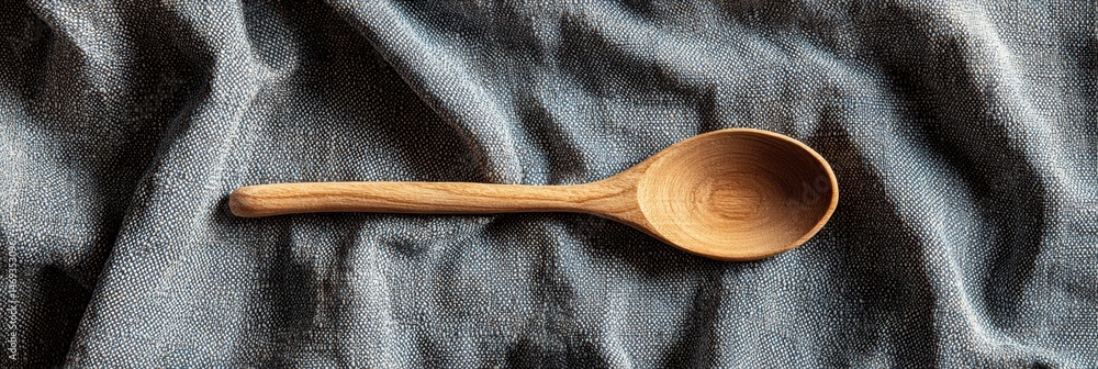 Wooden Spoon Resting on Textured Linen Kitchen Towel Creating a Calm Atmosphere for Cooking and Baking Generative AI