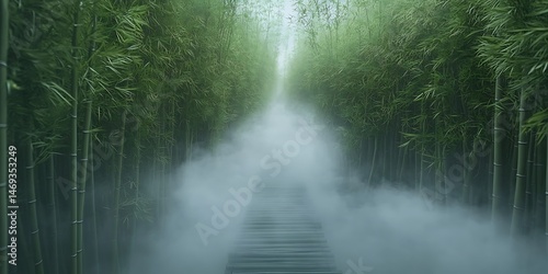 Dense bamboo path fading into mist viewed from a straight angle.