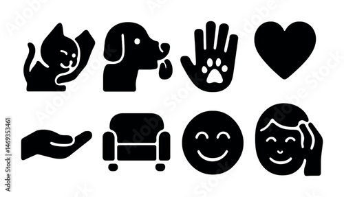 Pet and relaxation silhouette icons set – calming, simple, animal care symbols