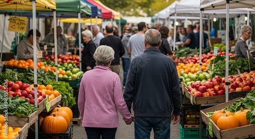 Couple strolling through vibrant Farmers Market, enjoying the colorful autumn harvest of fruits and vegetables.