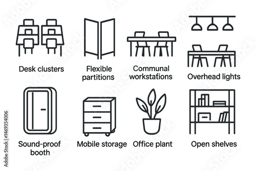 Office and workspace outline icons set – linear, desk setup and modern workspace