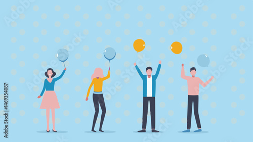 Joyful friends celebrate tossing balloons light blue background simple line art happy scene cheerful