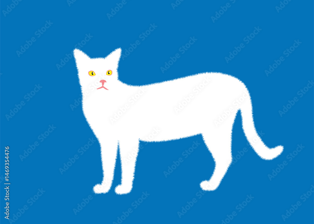 Obraz premium Cute white cat on blue background. Vector illustration.