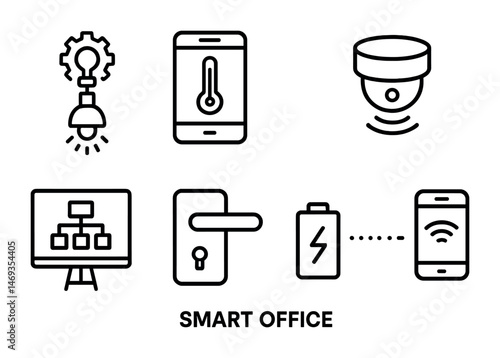 Smart office line icons set – technology, workplace, business efficiency graphics