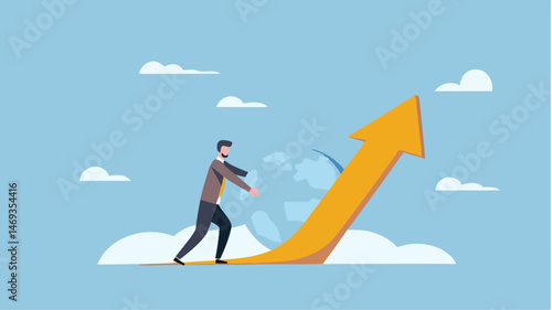 Determined businessman pushing upward trending arrow breaking barriers achieving success overcoming