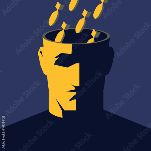 Conceptual vector illustration of a human head with an open top, into which bombs are falling. The image symbolizes psychological pressure, stress, destructive thoughts, mental violence.