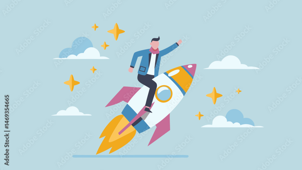 Man soaring on rocket achieving success ambition startup launch blue sky vector art flat design Man soaring on rocket achieving success ambition startup launch blue sky vector art flat design