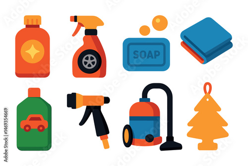 Car cleaning flat icons set – automotive, wash, vehicle care graphics collection