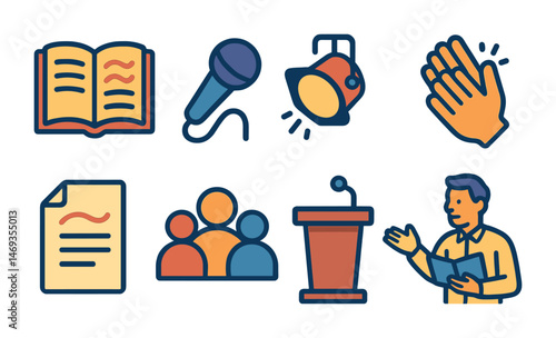 Public speaking icons set – flat, outline, presentation and communication symbols