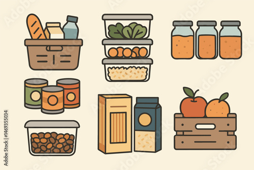 Food storage flat icons set – outline, kitchen organization, pantry essentials