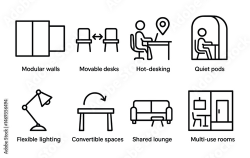 Modern office and furniture outline icons set – flexible, work, productivity designs