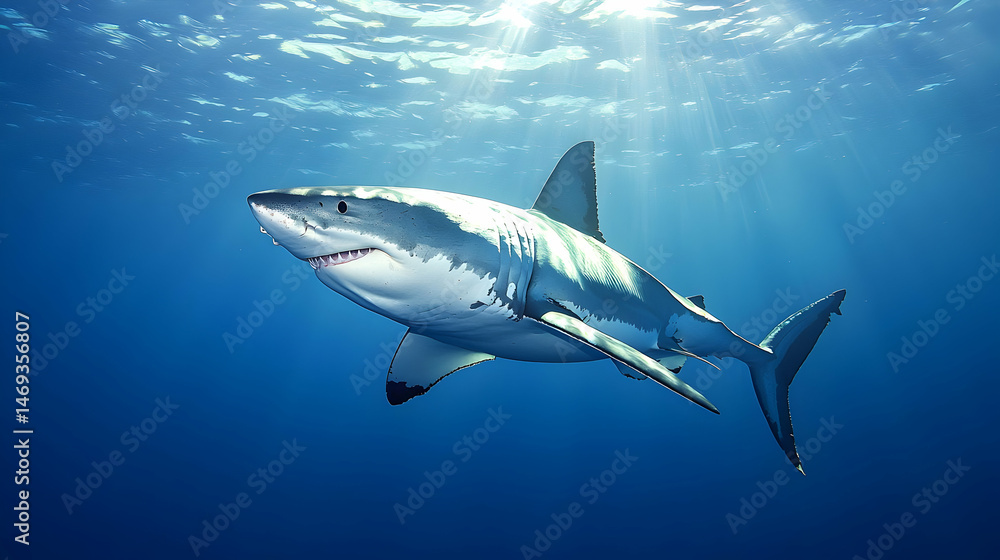 Fototapeta premium Pixelated Great White Shark Underwater
