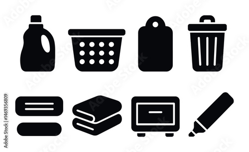 Household and cleaning solid icons set – filled, domestic, utility symbols