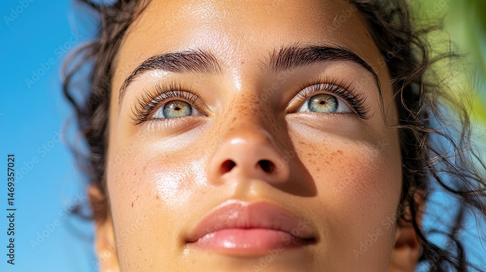 A person’s eyes reflecting the vastness of an ocean under a deep blue sky. A person’s eyes reflecting the vastness of an ocean under a deep blue sky.