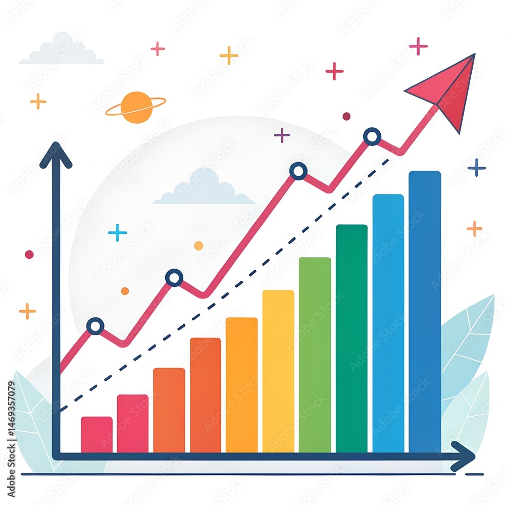 Fototapeta premium Business Growth Chart with Plants and Arrows Showing Positive Trend and Data Success