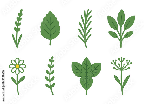 Botanical silhouette icons set – filled, flat, plant and foliage graphics