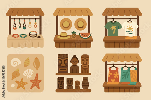 Market and souvenir flat icons set – linear, outline, shopping and cultural symbols