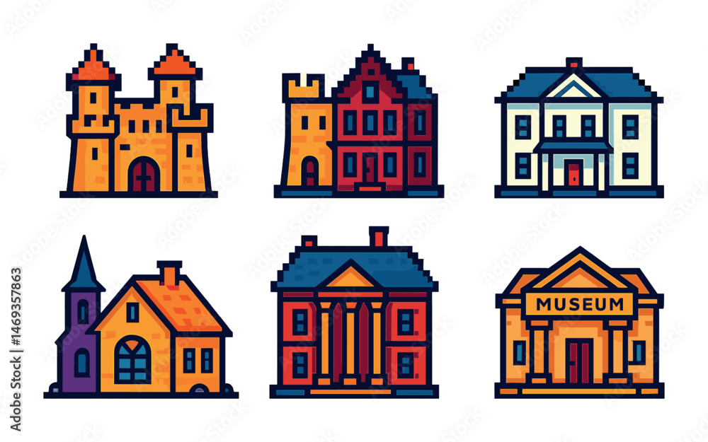 Fototapeta premium Historical buildings pixel art icons set – architecture, landmarks, vintage design symbols