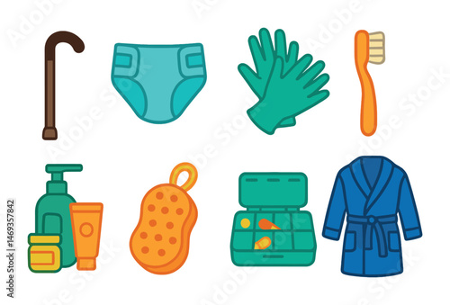 Elderly care flat icons set – filled, nursing and healthcare symbols