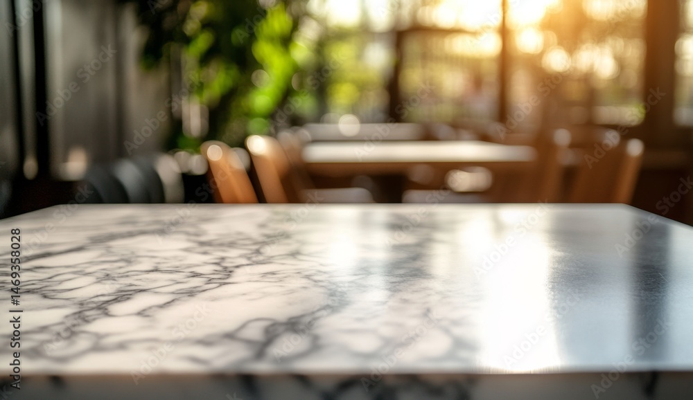 Obraz premium Marble table top, cafe interior, blurred background