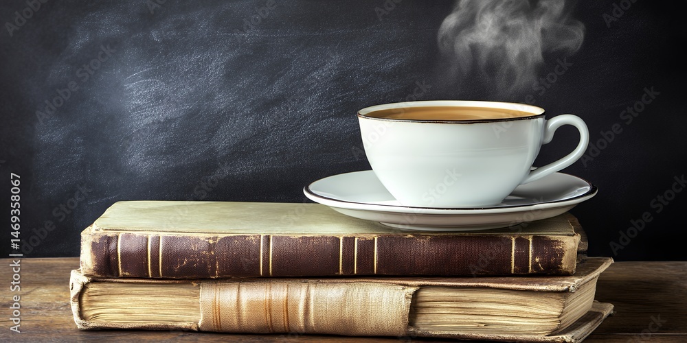 Naklejka premium A steaming cup of coffee on a saucer resting on a stack of old books against a dark background