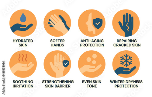 Skin care benefits filled icons set – beauty, wellness, hydration symbols