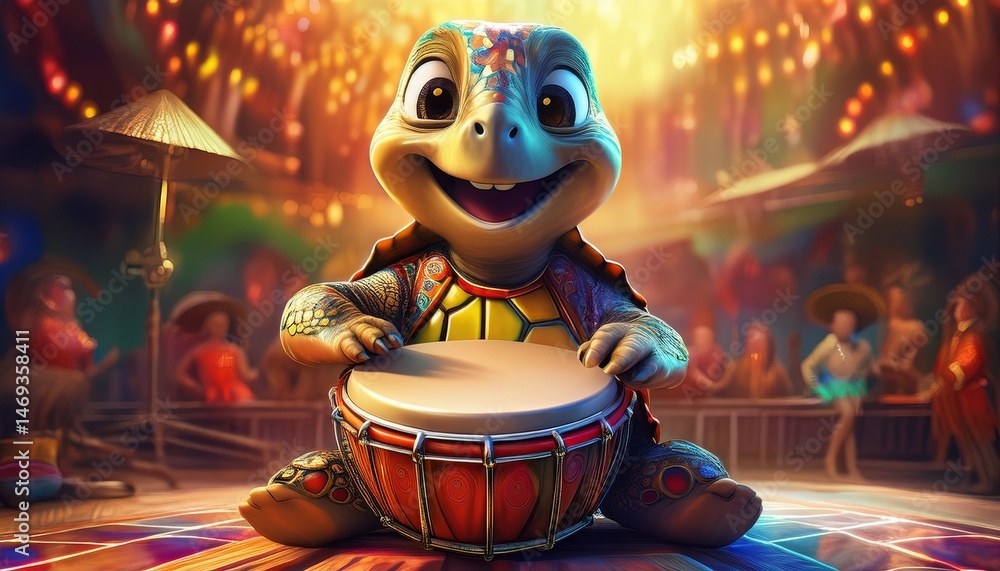 A cheerful turtle plays the drum
A cheerful turtle plays the drum