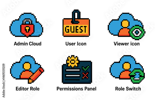 User roles pixel art icons set – admin, guest, viewer management symbols