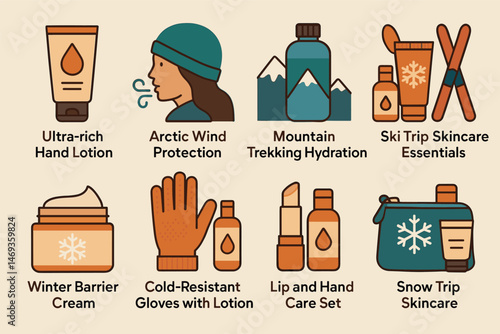 Winter skincare flat icons set – cold weather, protection, skincare essentials
