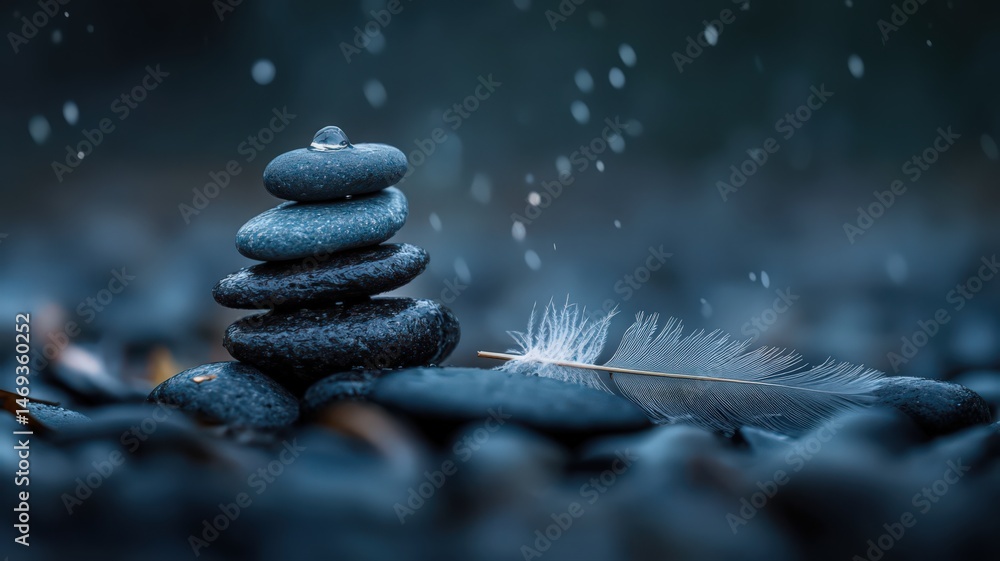 Obraz premium Dark Rain Drops On Stacked Stones And Feather