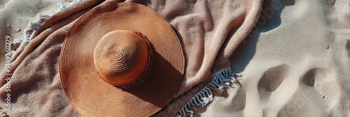 Floppy Sunhat Resting on a Soft Towel Surrounded by Sandy Beach at Midday Near Coastal Waves Generative AI