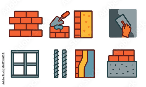 Construction and building icons set – flat, filled, masonry and architecture symbols