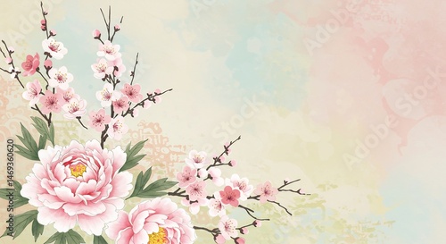 優美な桃色牡丹と桜 水彩画風 春の穏やか光. AI Generated
