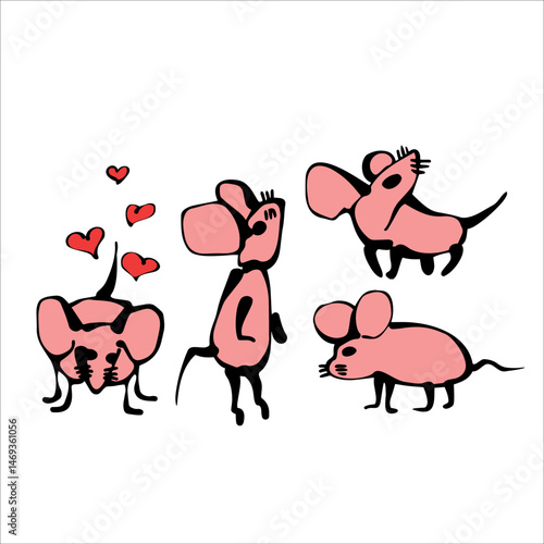 Set of pink mice in different poses isolated on white background with handful of red hearts. For design and decoration
