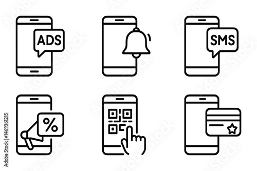 Mobile and communication line icons set – notifications, ads, sms messaging symbols