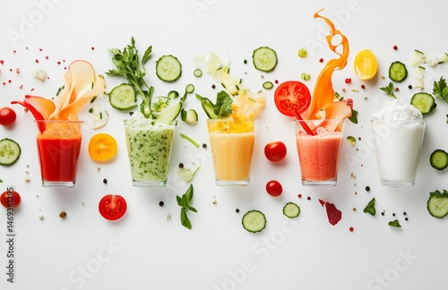 Colorful healthy drinks with fresh fruit and vegetables.  Five vibrant smoothies in clear glasses, surrounded by ingredients