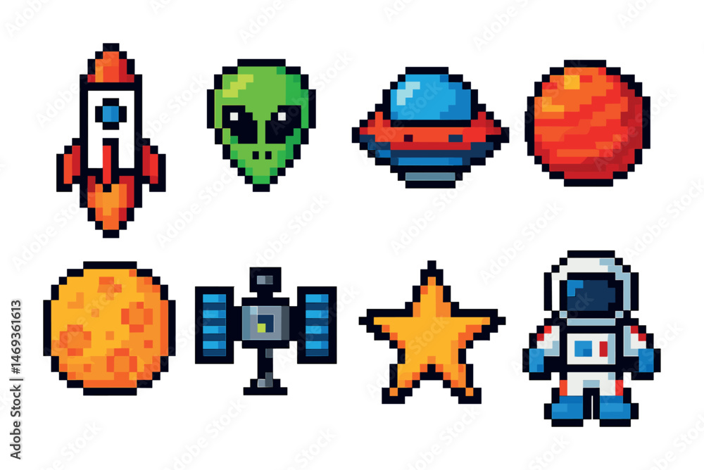 Fototapeta premium Space adventure icons set – pixel art, alien, astronaut and cosmic symbols