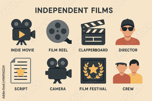Independent film solid icons set – flat, filled, cinema and movie production tools