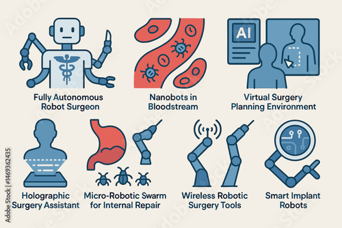 Medicine and surgery linear icons set – outline, healthcare, robotic surgical tools