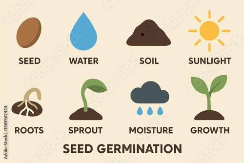 Seed germination icons set – flat, growth and development symbols for agriculture